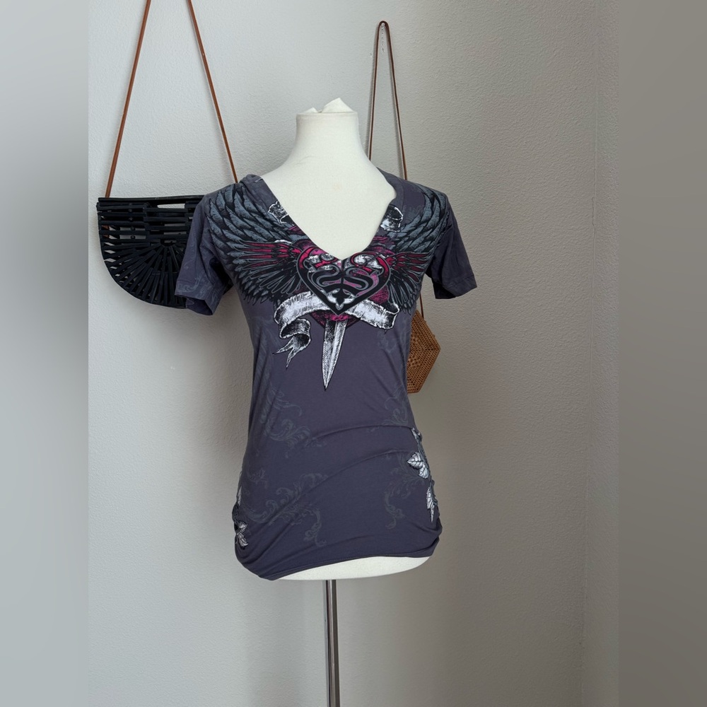 Sinful Affliction Silver Cyber Goth V-Neck T-Shirt, Size Small